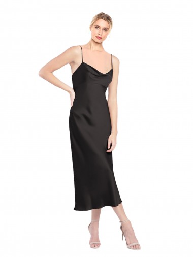 Affordable Cowl Neck Midi Length Short Stretch Satin Slip Cocktail Prom Dress / Homecoming Dress