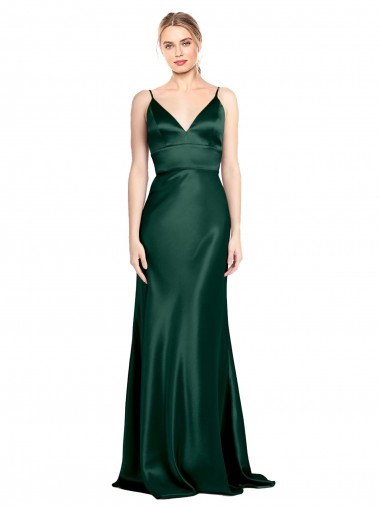 Affordable High V-Neck Long Full Length Sheath Stretch Satin Prom Dress