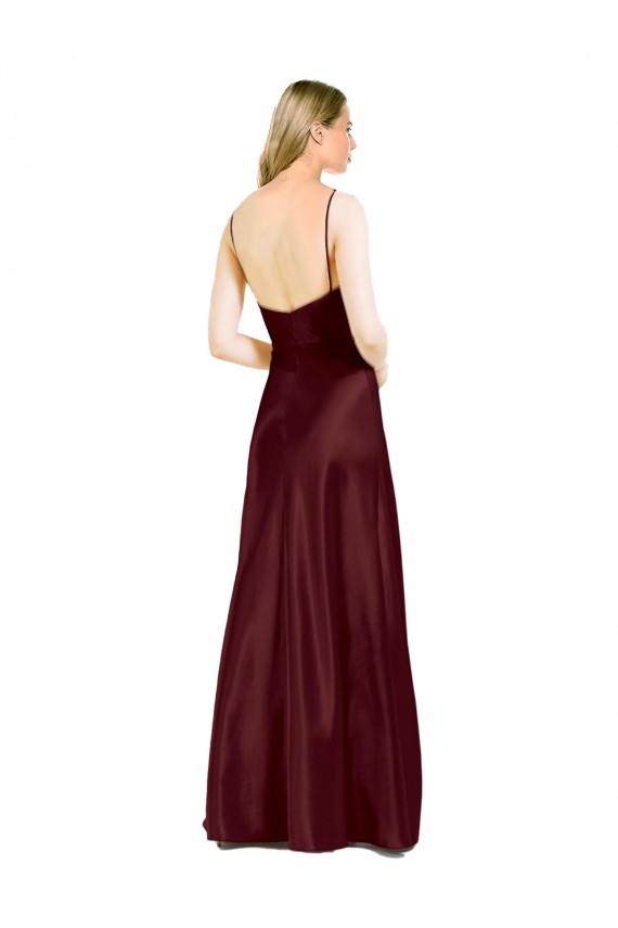 Affordable Sleek Spaghetti Straps V-Neck Stretch Satin Prom Dress with Center Front Slit