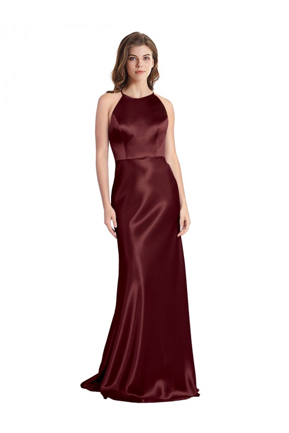 Affordable High Neck Halter Long Sleeveless Stretch Satin Prom Dress with Strappy Back