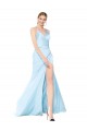 Affordable Double Straps V-Neck Sleeveless Stretch Satin Prom Dress with High Slit