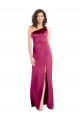 Affordable Sleek One Shoulder A-Line Long Stretch Satin Prom Dress with Spaghetti Straps Back