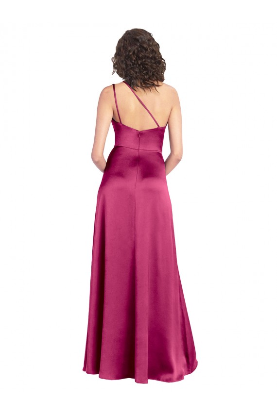 Affordable Sleek One Shoulder A-Line Long Stretch Satin Prom Dress with Spaghetti Straps Back