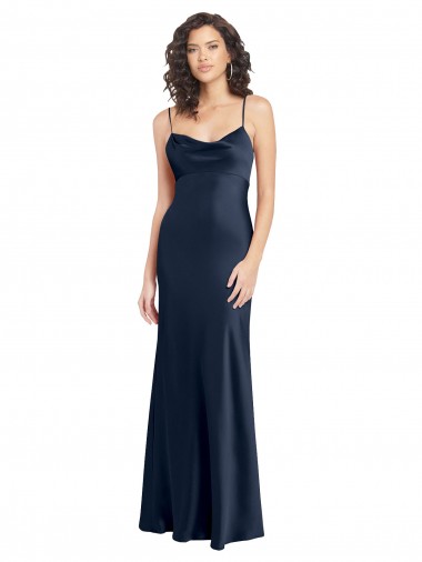 Affordable Cowl Neck Long Empire Waist Stretch Satin Prom Dress with Open Back