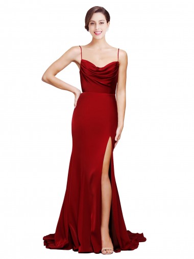 Affordable Cowl Front Neck Sweep Train Stretch Satin Prom Dress with High Side Split