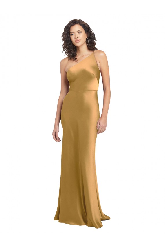 Affordable One Shoulder Long Floor Length Stretch Satin Slip Prom Dress