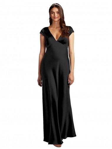 Affordable Plunging V-Neck Cap Cleeves Long Stretch Satin Prom Dress with Keyhole Back