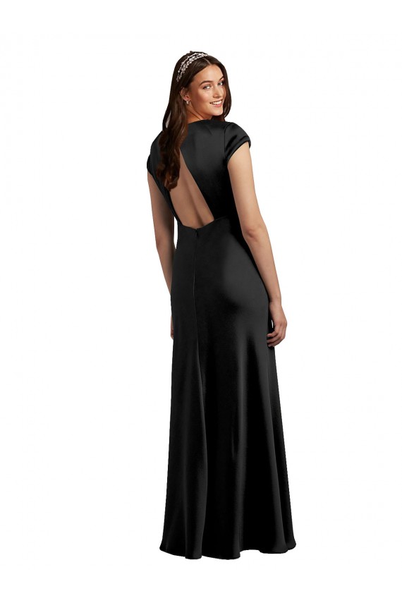 Affordable Plunging V-Neck Cap Cleeves Long Stretch Satin Prom Dress with Keyhole Back