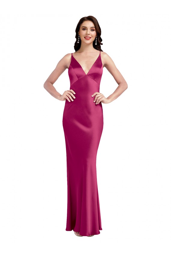 Affordable V-Neck Spaghetti Straps Slim Stretch Satin Prom Dress with Low Scoop Back