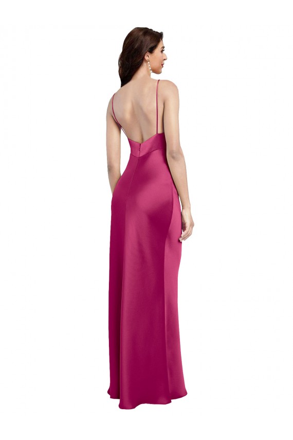 Affordable V-Neck Spaghetti Straps Slim Stretch Satin Prom Dress with Low Scoop Back