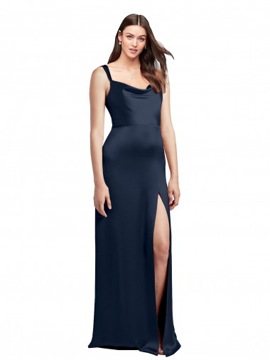 Affordable Cowl Neck Soft Long Stretch Satin Prom Dress with Side Slit and Pleated Straps
