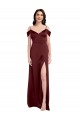 Affordable Draped Off the Shoulder Sleeves Slim A-Line Stretch Satin Prom Dress with Side Slit