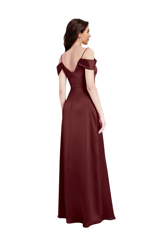 Affordable Draped Off the Shoulder Sleeves Slim A-Line Stretch Satin Prom Dress with Side Slit