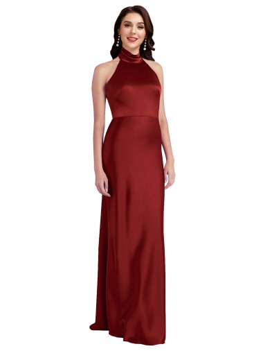 Affordable Backless Halter Long Stretch Satin Prom Dress