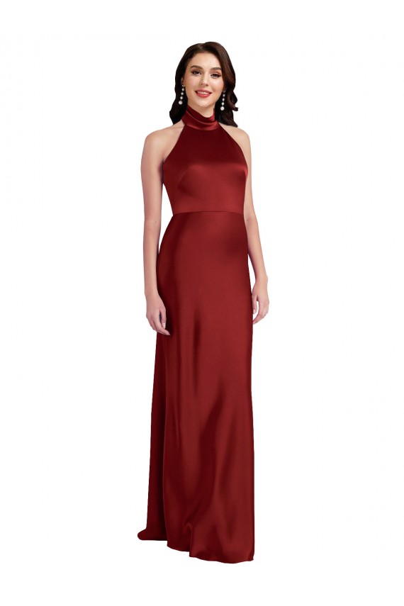 Affordable Backless Halter Long Stretch Satin Prom Dress