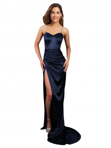 Affordable Pleated Sash Skirt Long Stretch Satin Prom Dress with High Slit