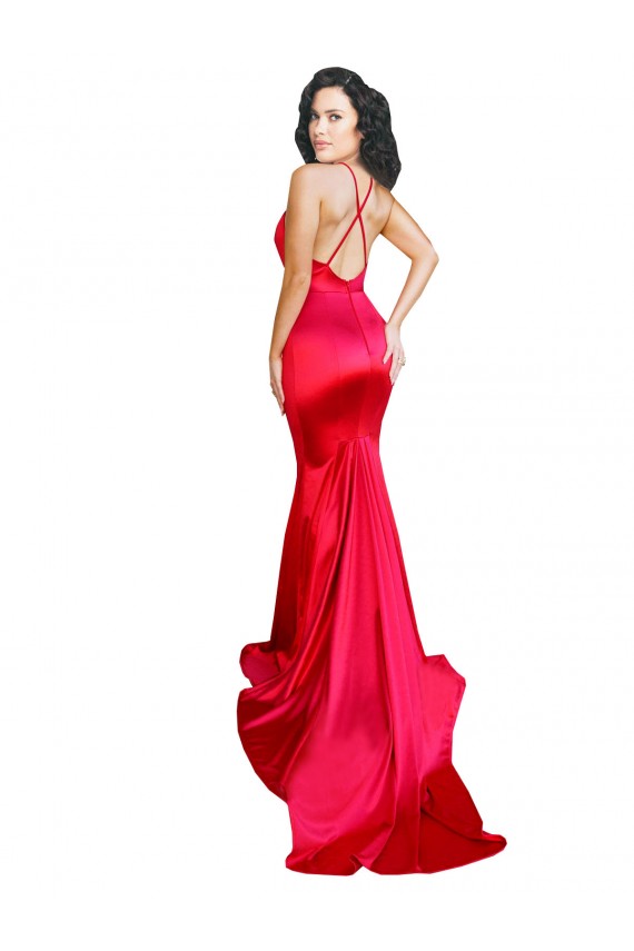 Affordable Mermaid Open Back Long Stretch Satin Prom Dress with High Slit