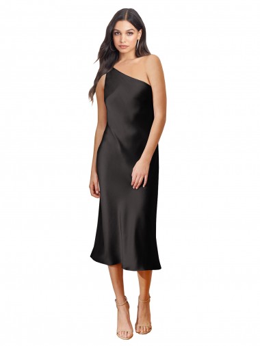 Affordable Sleek One Shoulder Midi Length Short Stretch Satin Slip Cocktail Prom Dress / Homecoming Dress