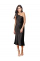 Affordable Sleek One Shoulder Midi Length Short Stretch Satin Slip Cocktail Prom Dress / Homecoming Dress