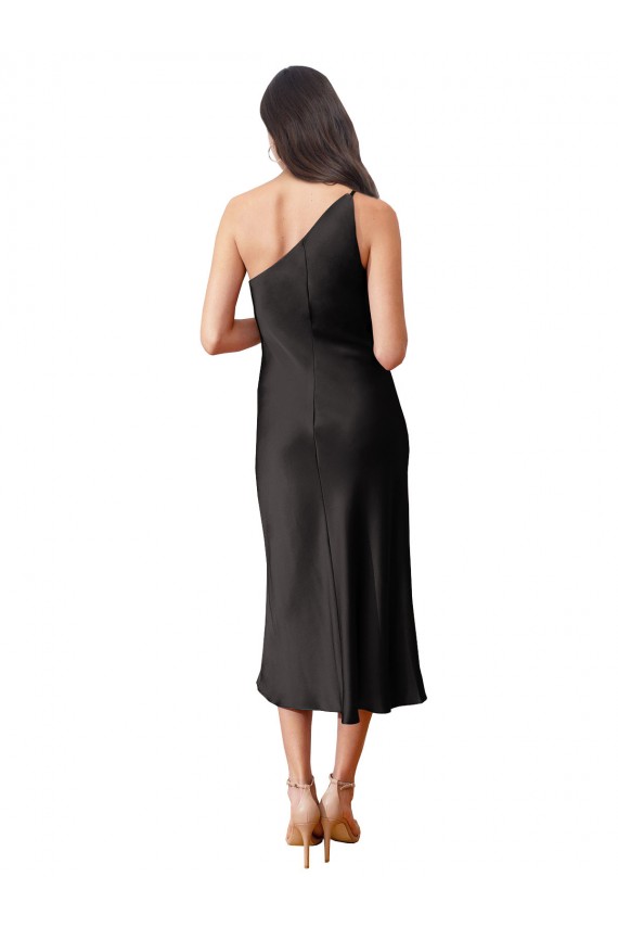 Affordable Sleek One Shoulder Midi Length Short Stretch Satin Slip Cocktail Prom Dress / Homecoming Dress