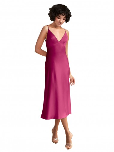 Affordable Midi Length V-Neck Short Stretch Satin Cocktail Prom Dress / Homecoming Dress with Low Scoop Back