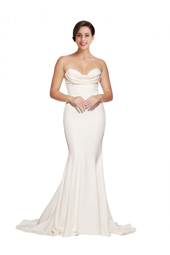 Affordable Strapless Cowl Neck Sweep Train Stretch Satin Prom Dress