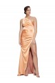 Affordable One Shoulder Ruched Stretch Satin Prom Dress with Thigh High Split