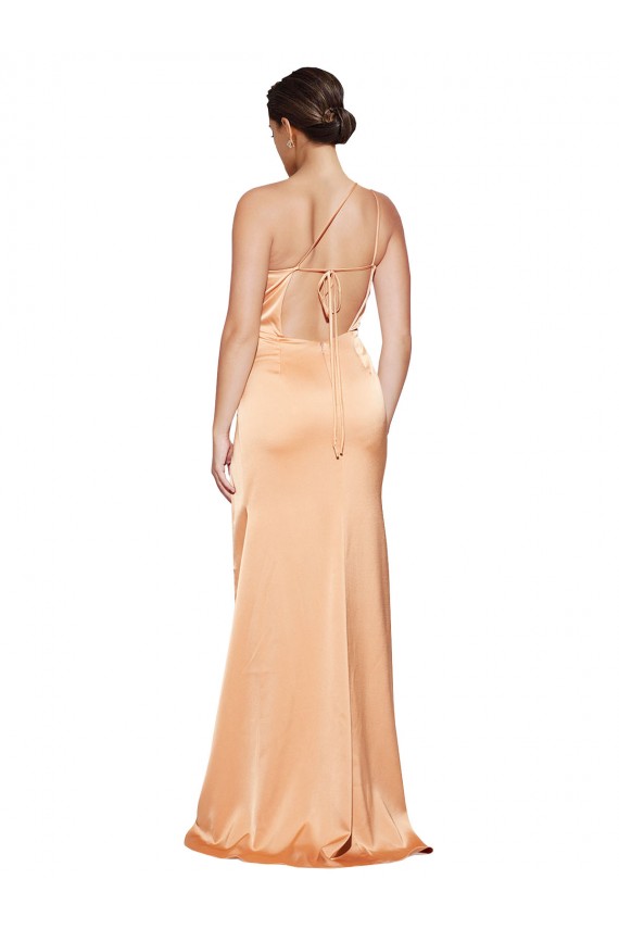 Affordable One Shoulder Ruched Stretch Satin Prom Dress with Thigh High Split