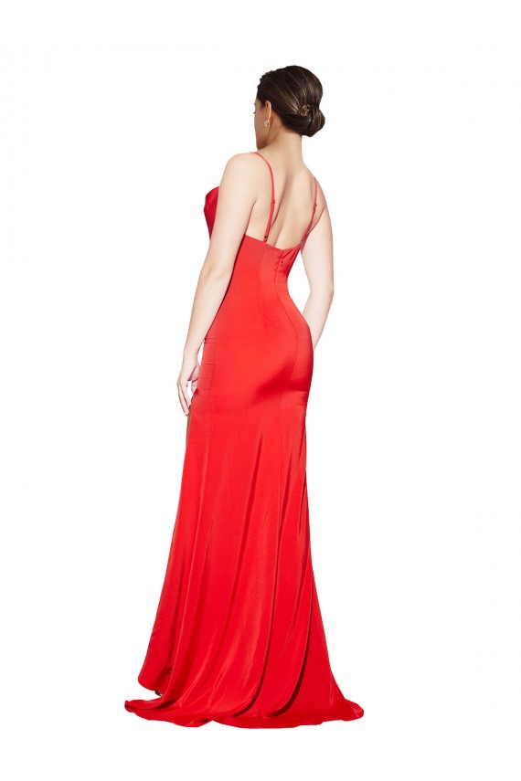 Affordable Low Back Cowl Neck Stretch Satin Prom Dress with High Side Slit
