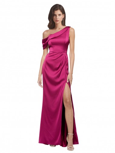 Affordable Off the Shoulder Short Sleeves Stretch Satin Prom Dress with Side Slit