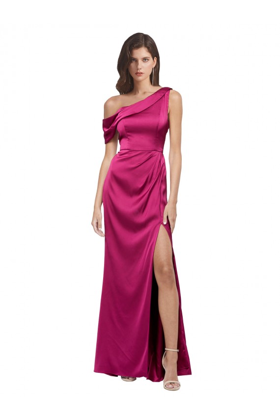 Affordable Off the Shoulder Short Sleeves Stretch Satin Prom Dress with Side Slit