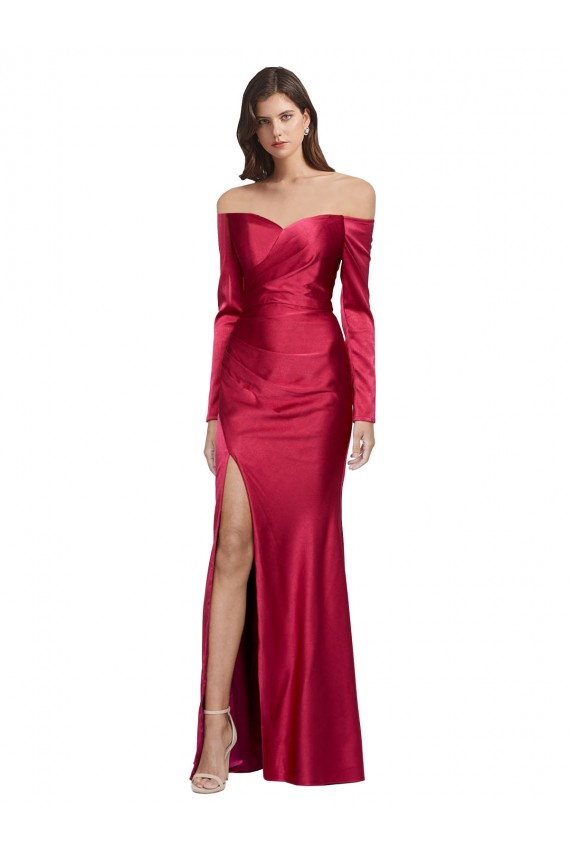 Affordable Long Sleeves Off the Shoulder Stretch Satin Prom Dress with High Side Split