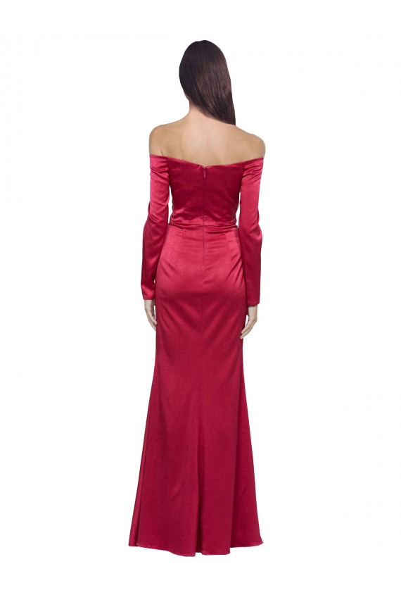 Affordable Long Sleeves Off the Shoulder Stretch Satin Prom Dress with High Side Split