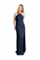 Affordable Halter Neckline Long Stretch Satin Prom Dress with Strappy Back and Side Slit