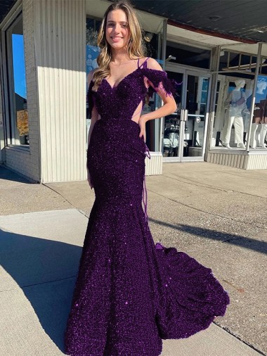 Affordable Cold Shoulder Sleeveless Long Court Train Velvet Sequin Prom Dress