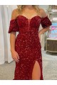 Affordable Off the Shoulder Short Sleeves Long Floor Length Velvet Sequin Prom Dress with High Slit