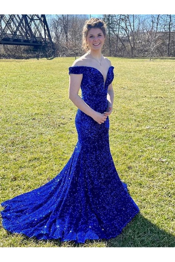 Affordable Off the Shoulder Sleeveless Long Sweep Train Velvet Sequin Prom Dress