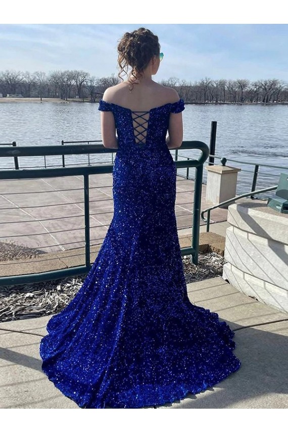 Affordable Off the Shoulder Sleeveless Long Sweep Train Velvet Sequin Prom Dress