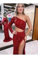Affordable Mermaid One Shoulder Long Sleeves Long Sweep Train Velvet Sequin Prom Dress with High Slit