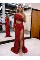 Affordable Mermaid One Shoulder Long Sleeves Long Sweep Train Velvet Sequin Prom Dress with High Slit