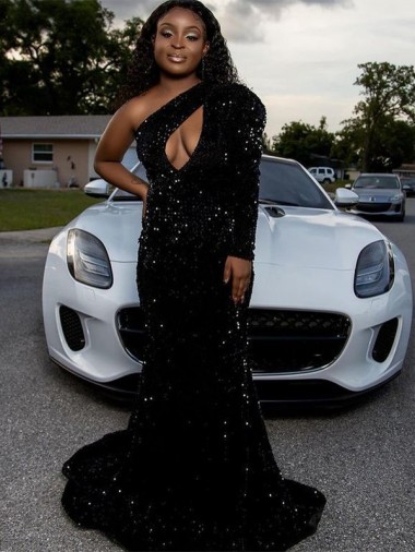 Affordable One Shoulder Long Sleeves Long Sweep Train Velvet Sequin Prom Dress