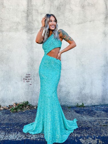 Affordable Mermaid One Shoulder Sleeveless Long Sweep Train Velvet Sequin Prom Dress