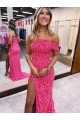 Affordable One Shoulder Sleeveless Long Sweep Train Velvet Sequin Prom Dress with Side Slit