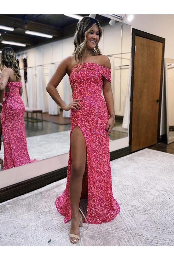 Affordable One Shoulder Sleeveless Long Sweep Train Velvet Sequin Prom Dress with Side Slit
