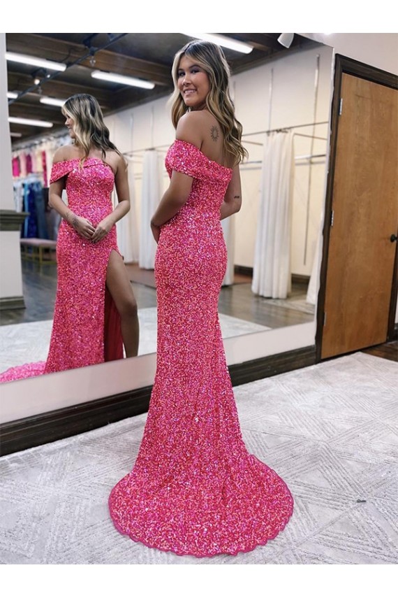 Affordable One Shoulder Sleeveless Long Sweep Train Velvet Sequin Prom Dress with Side Slit