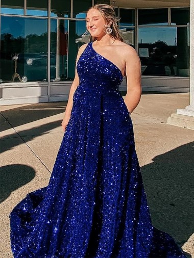 Affordable A-Line One Shoulder Sleeveless Long Sweep Train Velvet Sequin Prom Dress with Pockets