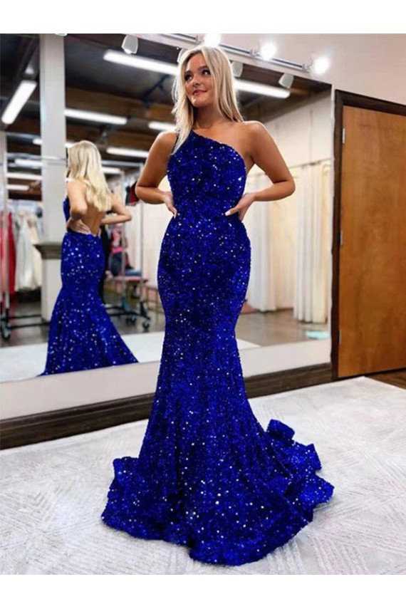 Affordable Mermaid One Shoulder Open Back Long Sweep Train Velvet Sequin Prom Dress