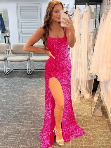 Affordable Spaghetti Straps Sleeveless Long Velvet Sequin Prom Dress with Slit and Criss Cross Open Back