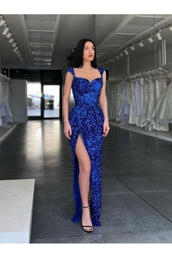 Affordable Sleeveless Long Sweep Train Velvet Sequin Prom Dress with High Slit and Straps