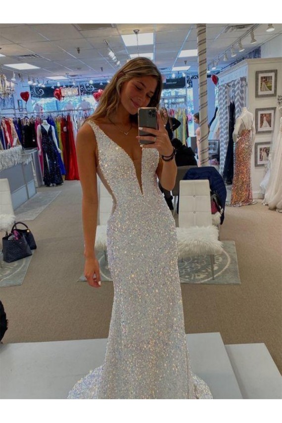 Affordable V-Neck Sleeveless Long Velvet Sequin Prom Dress with Sweep Train